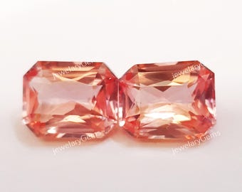 Peach Morganite Gemstone Pair: Emerald Cut, 10 Crt Lab Grown
