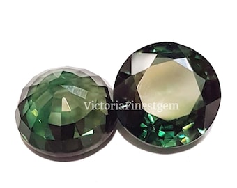Dark Green Sapphire Pair: 13mm Lab Grown Round Gemstones