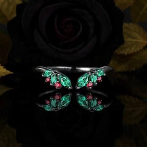 Gothic Marquise Cut Emerald Wedding Band, Red Ruby Open Gap Hip Hop Engagement Band, Rhodium Black Gold Witchy Anniversary Ring Gift for Her