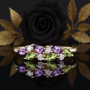 Pear Cut Amethyst And Peridot Engagement Proposal Band Unique Bridal Promise Band Art Deco Filigree Statement Band Wedding Anniversary Band.