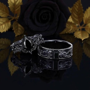 Alliances gothiques pour couple en onyx noir, 3 pièces, alliance en or noir pour homme et lui, bague de fiançailles en feuille pour homme, bague d'anniversaire