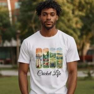 クリケットファンTシャツ：水彩画風グラフィック「クリケットライフ」 - スポーツ好きへのギフト