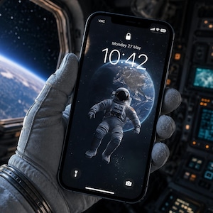 May include: A black smartphone displaying a space-themed wallpaper with an astronaut floating near Earth. The screen shows the date, Monday, May 27, and the time, 10:42. The phone is held in a gloved hand, with a view of space visible through a window.