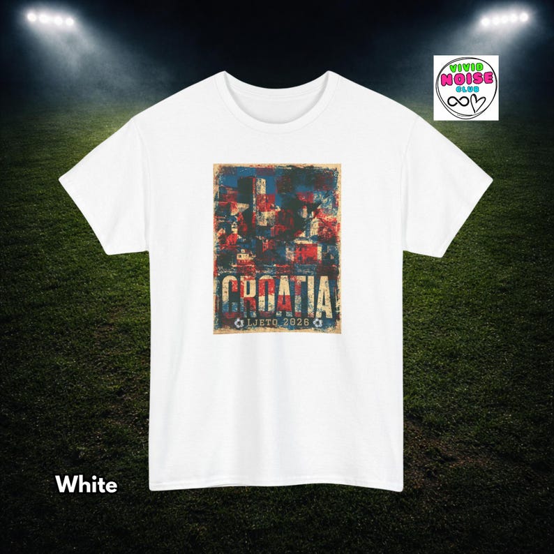 White Croatia football tee with faded red white and blue colours, distressed retro football lettering and summer 2026 tournament energy.