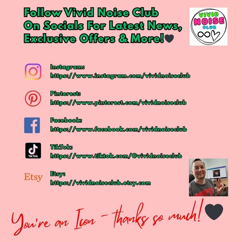 Follow Vivid Noise Club on Instagram, Pinterest, Facebook and TikTok graphic encouraging customers to connect on social media.