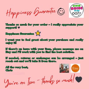 Vivid Noise Club happiness guarantee graphic reassuring customers of quality, support and customer satisfaction for apparel and digital products. A pink background with handwritten text, a smiley face, and a logo. The text includes "Happiness Guarantee", "Thanks so much for your order", and "You're an Icon - thanks so much!" with an Etsy logo.