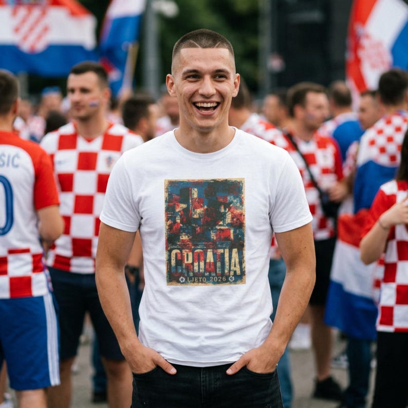 Man in World Cup fan zone wearing white Croatia football tee with faded red white and blue colours, distressed retro football lettering and summer 2026 tournament energy.