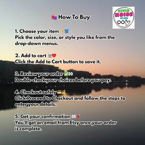 Image with text: "How To Buy" with numbered steps. Instructions include choosing an item, adding to cart, reviewing the order, checking out safely, and getting confirmation. The Vivid Noise Club logo is in the upper right corner.