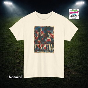 Natural cream coloured Croatia football tshirt with faded red white and blue colours, distressed retro football lettering and summer 2026 tournament energy.