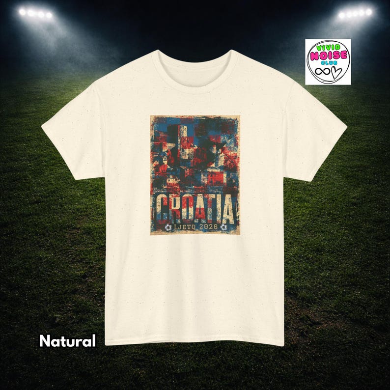 Natural cream coloured Croatia football tshirt with faded red white and blue colours, distressed retro football lettering and summer 2026 tournament energy.