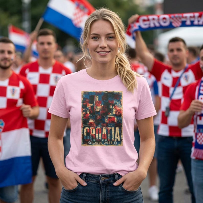 Woman in World Cup fan zone wearing light pink Croatia football tee with faded red white and blue colours, distressed retro football lettering and summer 2026 tournament energy.