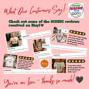 Customer reviews showcase graphic from Vivid Noise Club highlighting positive buyer feedback and trusted seller status. A pink background featuring customer reviews for Vivid Noise Club products. The reviews are presented as small images with text, including Etsy reviews and 5 star ratings. The text includes phrases like "Love this T-shirt" and "Great quality."