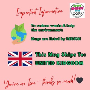 This graphic provides important information that this coffee mug ships to the United Kingdom, using region-based production to help reduce waste and support eco-friendly fulfilment.