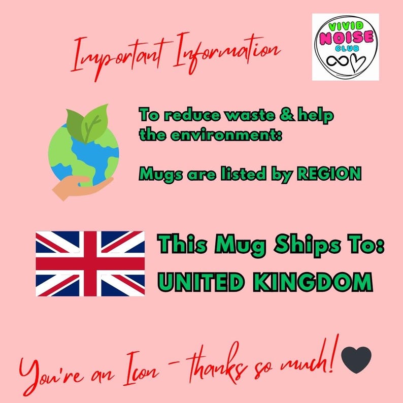 This graphic provides important information that this coffee mug ships to the United Kingdom, using region-based production to help reduce waste and support eco-friendly fulfilment.