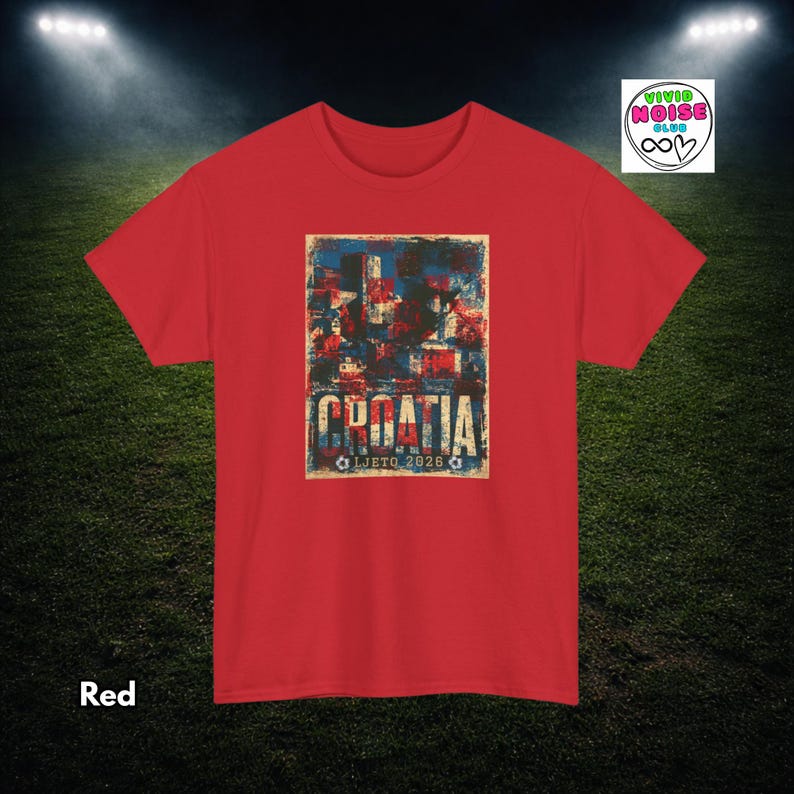 Red Croatia football tee with faded red white and blue colours, distressed retro football lettering and summer 2026 tournament energy.