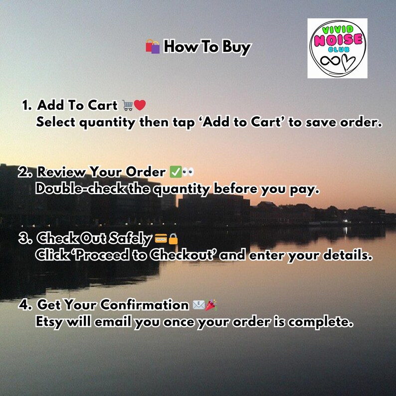 Image detailing the purchase process with the text "How To Buy". Instructions include choosing a handle colour, adding to basket, reviewing the order, checking out safely, and getting confirmation. The Vivid Noise Club logo is visible in the upper right corner.