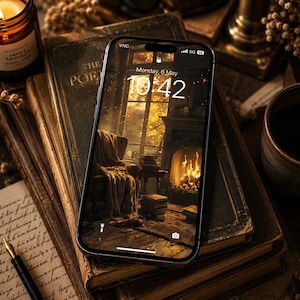 Könnte beinhalten: Ein Smartphone mit einem gemütlichen Kaminfeuer-Hintergrund liegt auf einem Stapel alter Bücher. Auf dem Bildschirm ist die Uhrzeit 10:42 Uhr am Montag, 6. Mai zu sehen. Eine brennende Kerze und eine Kaffeetasse verstärken die Atmosphäre.