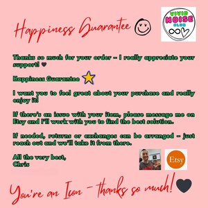 Vivid Noise Club happiness guarantee graphic reassuring customers of quality, support and customer satisfaction for apparel and digital products.