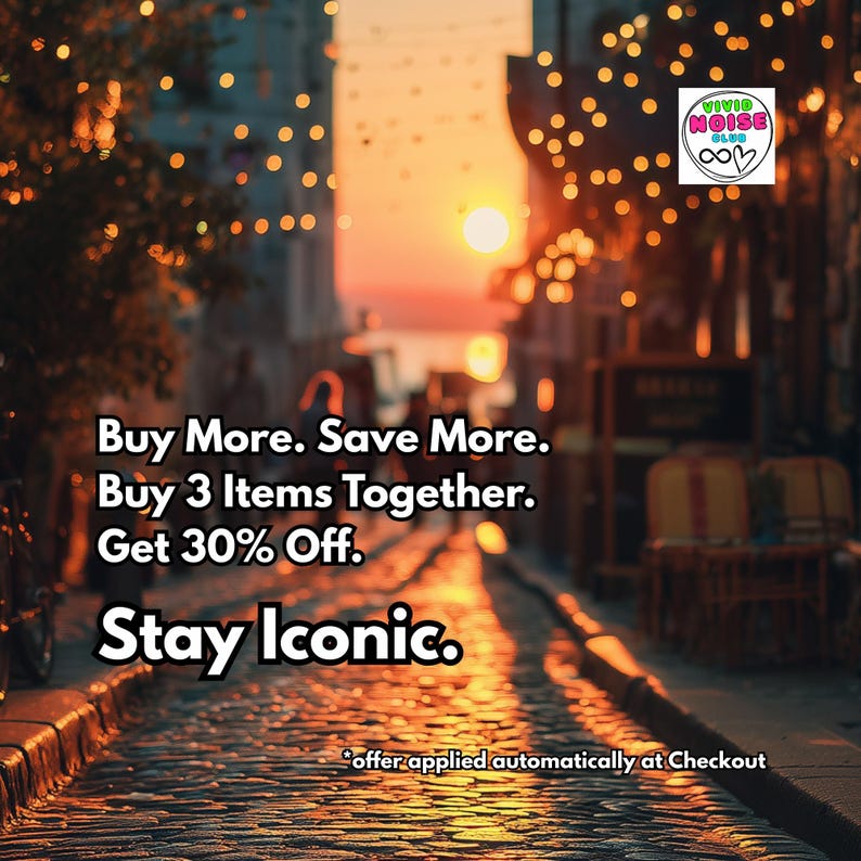 Buy any 3 items get 30% off promotion graphic from Vivid Noise Club with bold text and brand styling. Other offers may be available from time to time – check individual listings for current promotions.