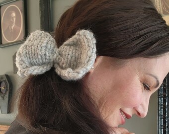 Hand Knit Hair Bow, Frost Gray Ponytail Holder or Hair Band, "Ice Queen"