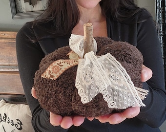 Knit Sweater Pumpkin Pillow Pouf, Brown Chenille with Vintage Lace and Ribbon and Wooden Stick Stem, Goth Cottage