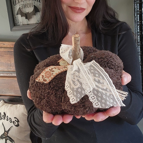 Knit Sweater Pumpkin Pillow Pouf, Brown Chenille with Vintage Lace and Ribbon and Wooden Stick Stem, Goth Cottage