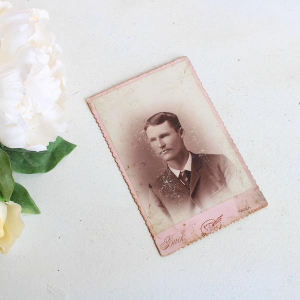 Vintage 1800s Edwardian Victorian Photograph Man From 1911, Black And White Sepia Photo Portrait Gentleman, Buck, Paola, Kansas