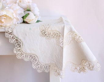 Vintage Doily Ivory Linen With Crochet Lace Trim, Round Table Topper