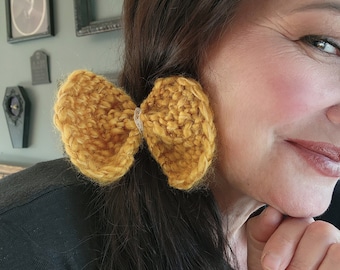 Knit Hair Bow, Handknitted Golden Yellow Ponytail Holder or Hair Band, Vintage Lace Trim