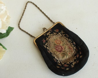 Vintage 1910s 1920s Black Silk Purse Needlepoint Petit Point Floral Bag, Embroidered Flowers Chain Strap Edwardian