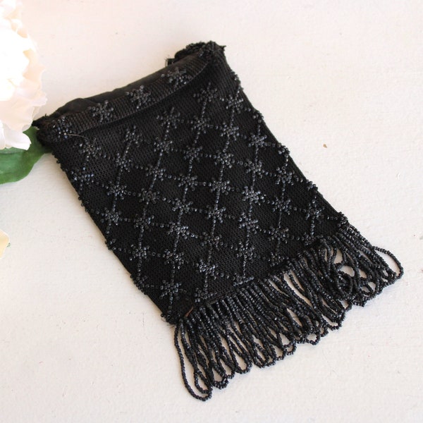 Vintage 1920s Purse, Black Beaded Evening Bag Wiith Tassels, Micro Beading, and Wrist Strap