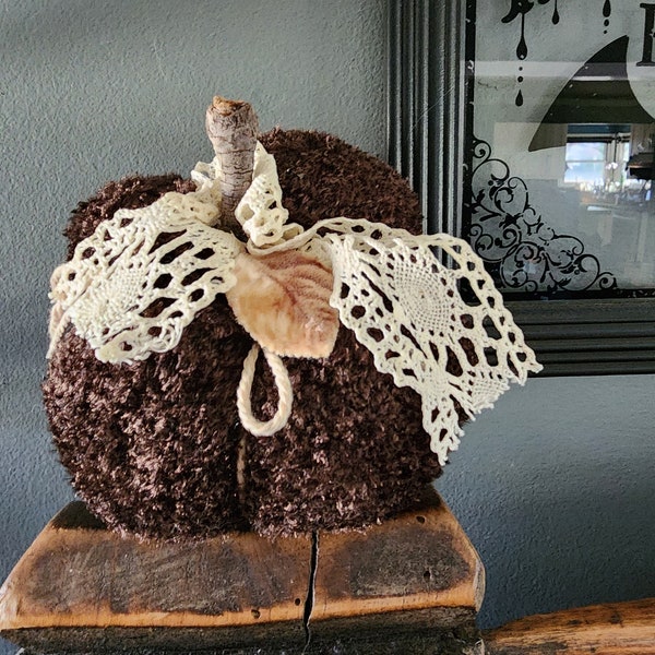 Knit Sweater Pumpkin, Brown Chenille with Vintage Lace and Velvet Leaf, Wooden Stick Stem Pillow Pouf