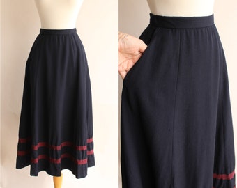 Vintage Ralph Lauren Skirt, Navy Blue Wool Tea Length with Burgundy Stripes, Size 6