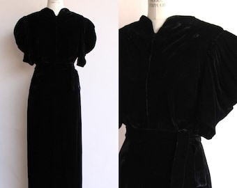 Vintage 1930s Dress, Kiviette Black Silk Velvet Rare Designer Full Length Gown, Fashion Originators Guild Broadway