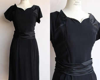 Vintage 1950s Dress, Black Rayon Dress With Cummerbund Belt and Sweetheart Neckline