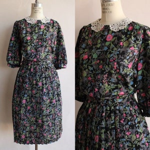 Vintage 1980&#39;s Dress with Belt, Breli Originals, Black Floral Print, Lace Collar and Pleats, Grandma Core