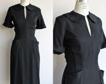 Vintage 1940s Dress With Pockets, Black Spiegel Rayon Crepe Day Dress, Shoulder Pads
