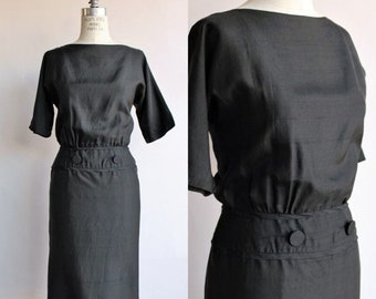 Vintage 1950s 1960s Dress, Carl Naftal Wiggle Style Black Dupioni Silk Little Black Dress
