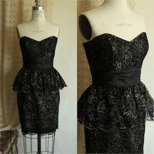 Vintage 2000s Betsey Johnson Black Gold Lace Peplum Dress, Y2K, Size 6, Removable Straps
