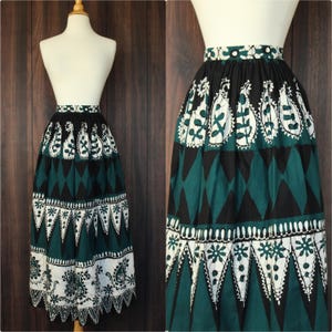 Vintage 1960s 1970s Skirt, Black Teal and White Maxiskirt, Batik Print, Ethnic Tribal