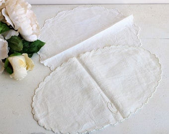 Vintage 1940s Doily Set, Two White Linen Couch Covers or Placemats, Sofa or Armchair Topper