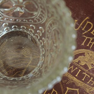 May include: Clear glass bowl with ornate, embossed detailing. The bowl's rim has a scalloped edge. The bowl sits atop a brown surface with gold lettering that reads "Und The With".