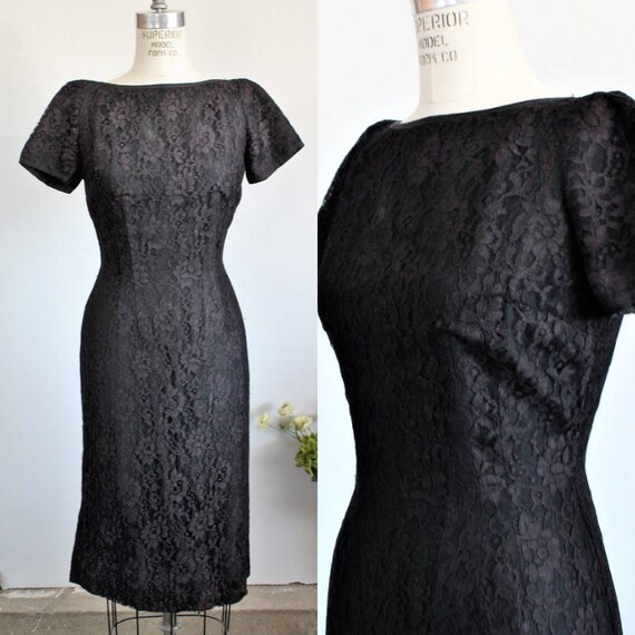 Vintage 1950s 1960s Dress / Black Lace Wiggle Dres