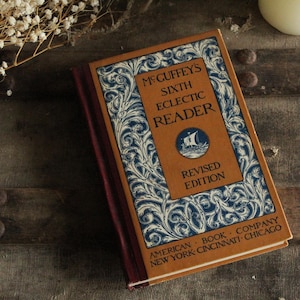 Może przedstawiać: Zabytkowa książka zatytułowana "McGuffey's Sixth Eclectic Reader, Revised Edition". Okładka jest brązowa z niebiesko-białymi kwiatowymi wzorami i tekstem. Książka leży na drewnianej powierzchni z suszonymi kwiatami.