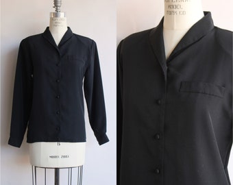 Vintage 1990s Blouse, Neil Martin Black Long Sleeve Shirt with Shoulder Pads, Button Down, Size 6