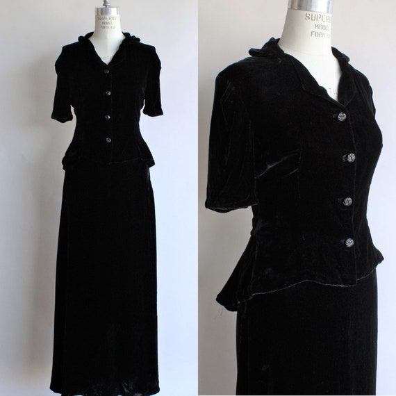 Vintage 1940s Dress Suit / New Look Black Silk Vel