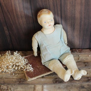 Vintage 1920s 1930s Creepy Doll, Life Size Cloth Body, Composition Head Hands and Feet, Spooky Decor