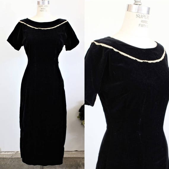 Vintage 1950s Dress / Teena Paige Black Cotton Vel