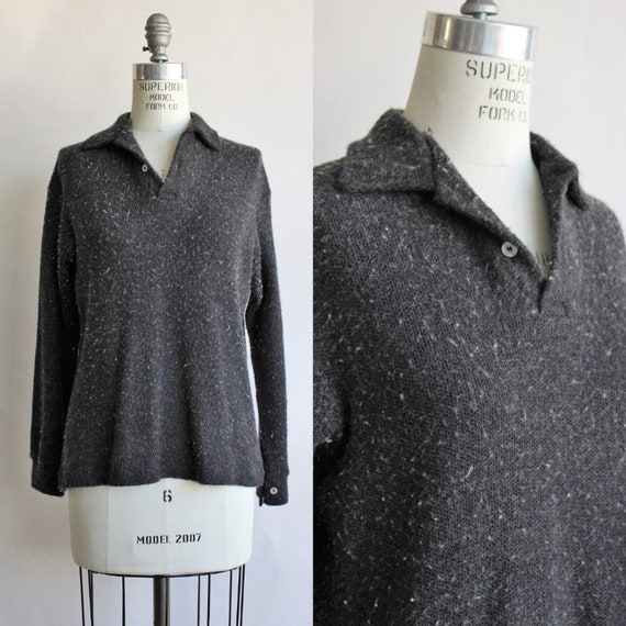 Vintage 1950s 1960s Sweater / Charcoal Gray Orlon