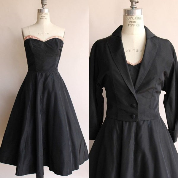 Vintage 1950s Black Dress With Jacket, New Look Fit And Flare, Strapless Taffeta With Pink Silk Satin, Full Circle Skirt